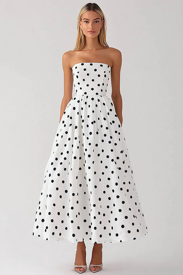 Black and White Satin Strapless Empire Boho Maxi Polka Dot Dress